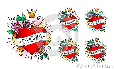 Set of Classic tattoo heart with flowers, crown and ribbon with words Vector Illustration